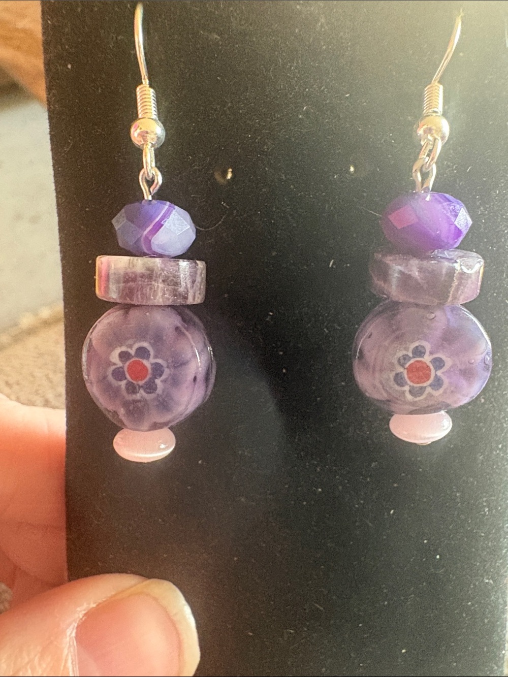Hand Crafted Purple Amethyst Floral Glass Drop Earrings with Stone Accents